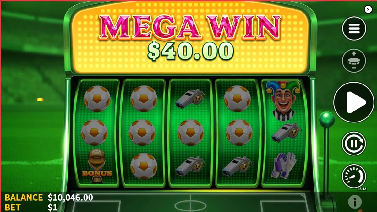 Tampilan visual slot Soccer Joker dengan tema stadion dan simbol wasit joker
