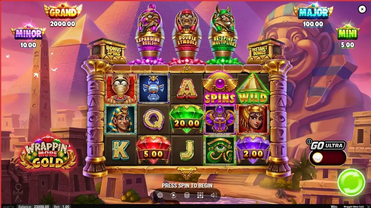Wrappin’ More Gold slot game featuring a friendly mummy character