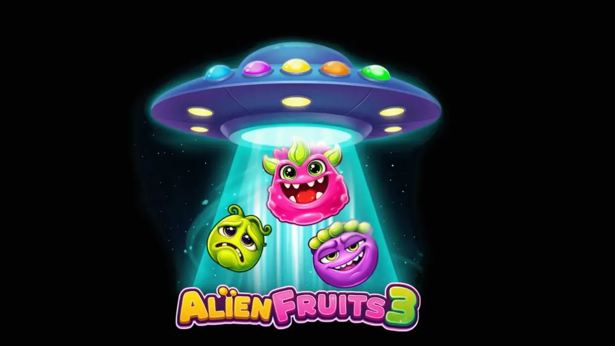 Tampilan visual slot Alien Fruits 3 dengan grid 8x8 dan tema neon sci-fi