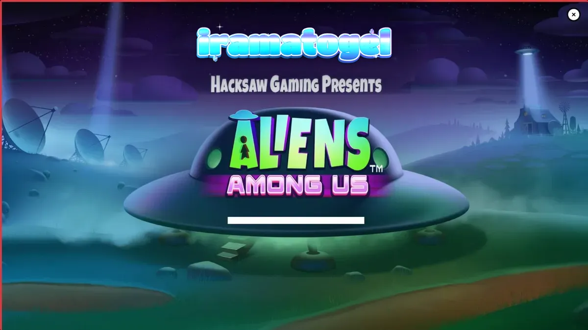 Tampilan visual slot Aliens Among Us dengan tema invasi alien dan agen FBI